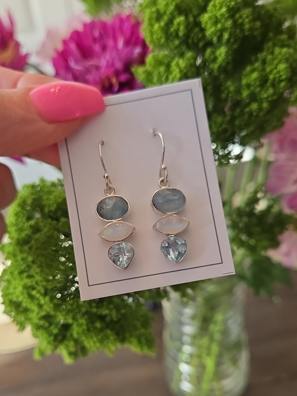 Aquamarine, Blue Topaz, Moonstone Solid Sterling Silver Earrings